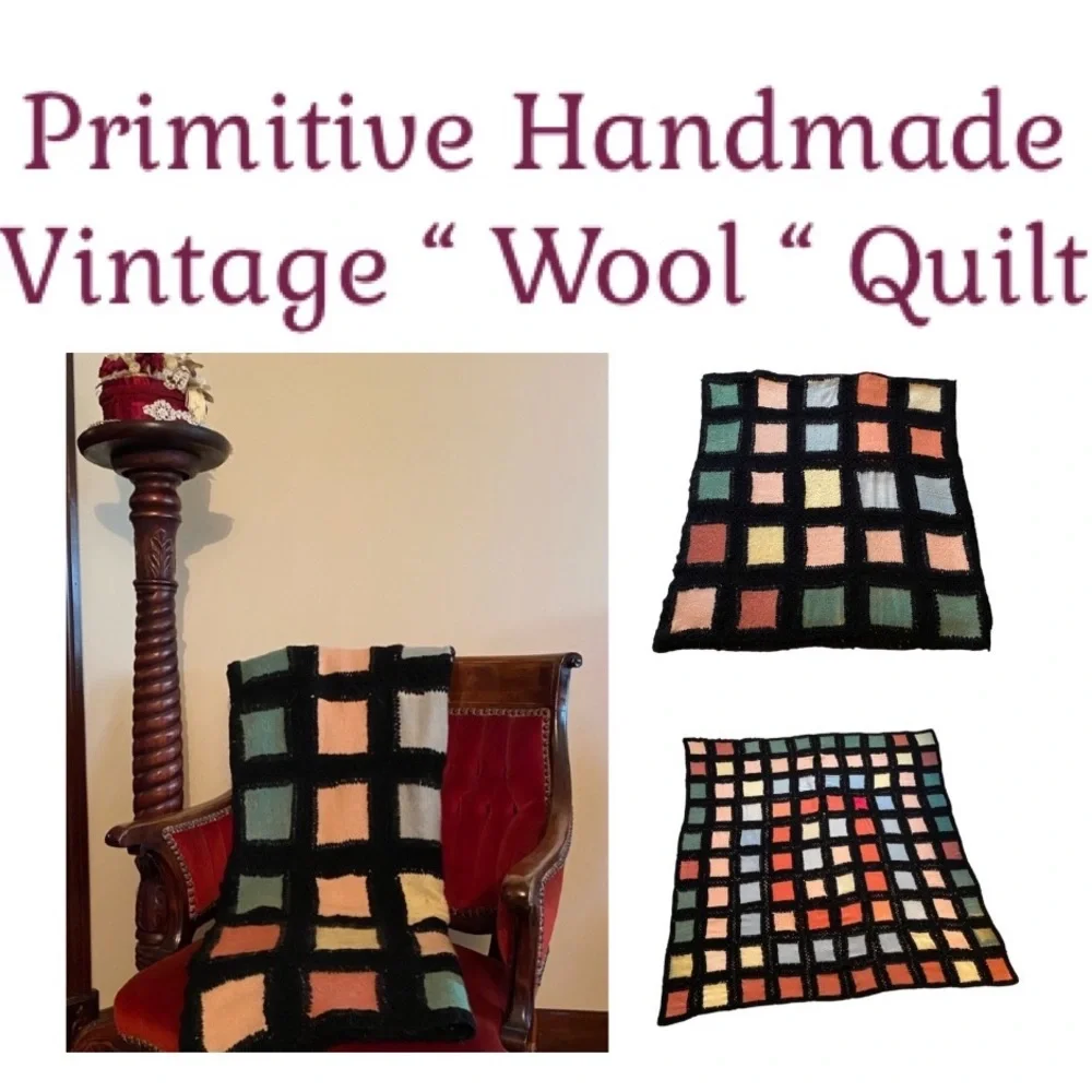 Vintage Hand Crafted Quilt Patchwork Primitive Antique Wool Crochet Knit Afghan